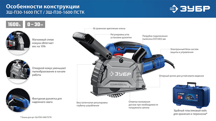 Особенности конструкции штробореза Зубр Профессионал ЗШ-П30-1600 ПСТ Особенности конструкции штробореза Зубр Профессионал ЗШ-П30-1600 ПСТ